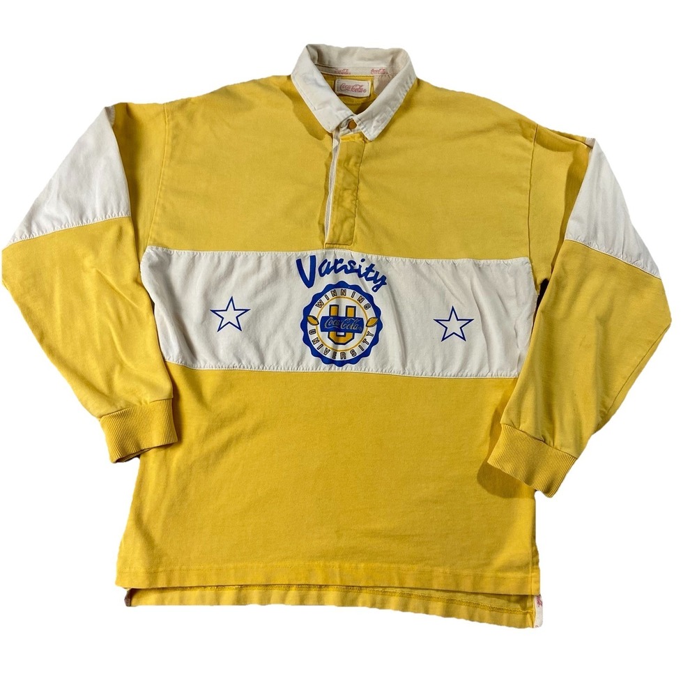 VTG Coca Cola Varsity University Rugby Polo Shirt Long Sleeve Yellow Men L Retro